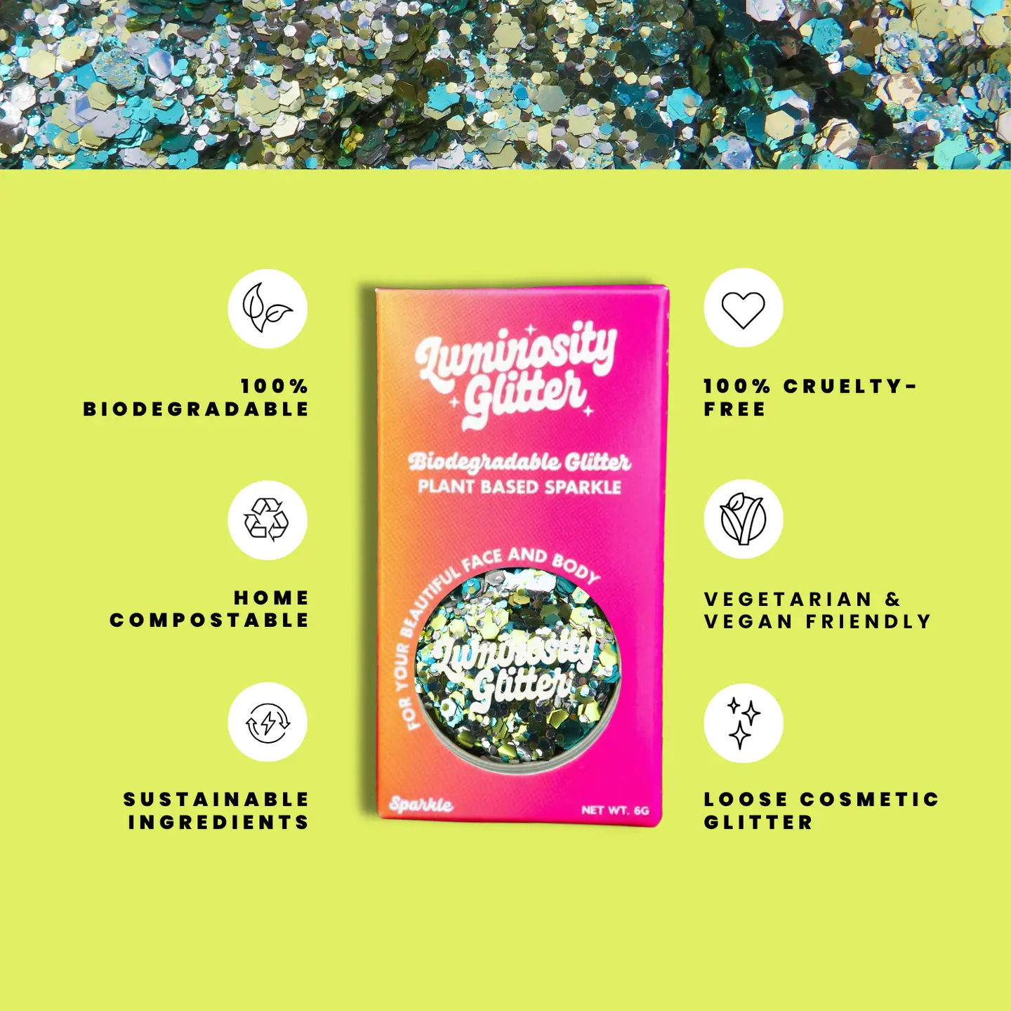 Luminosity Glitter packaging with sustainability features on a green background