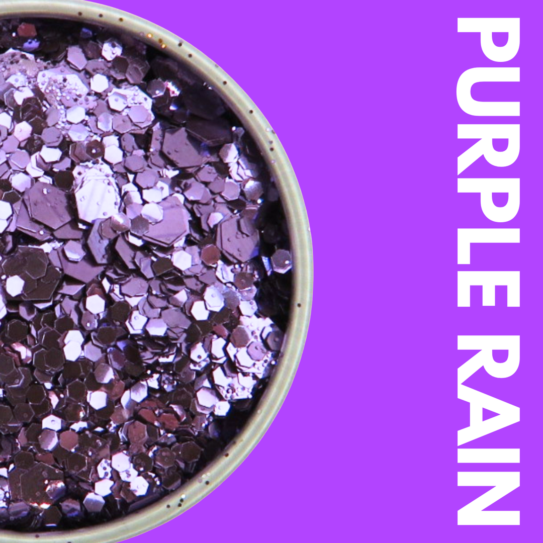 Purple Rain Glitter Blend in a Luminosity Glitter pot and packaging box