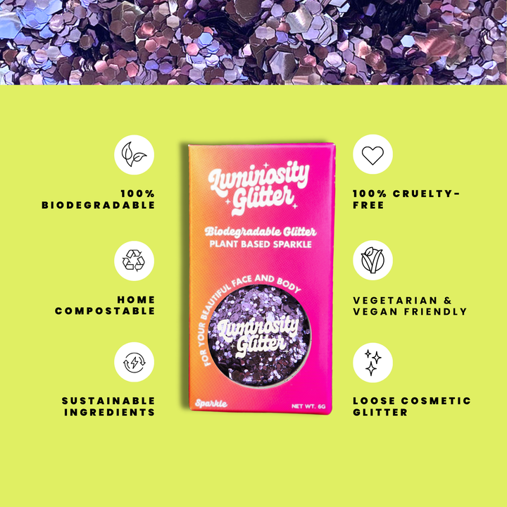 Purple Rain Glitter Blend features infographic: biodegradable cosmetic glitter by Luminosity Glitter