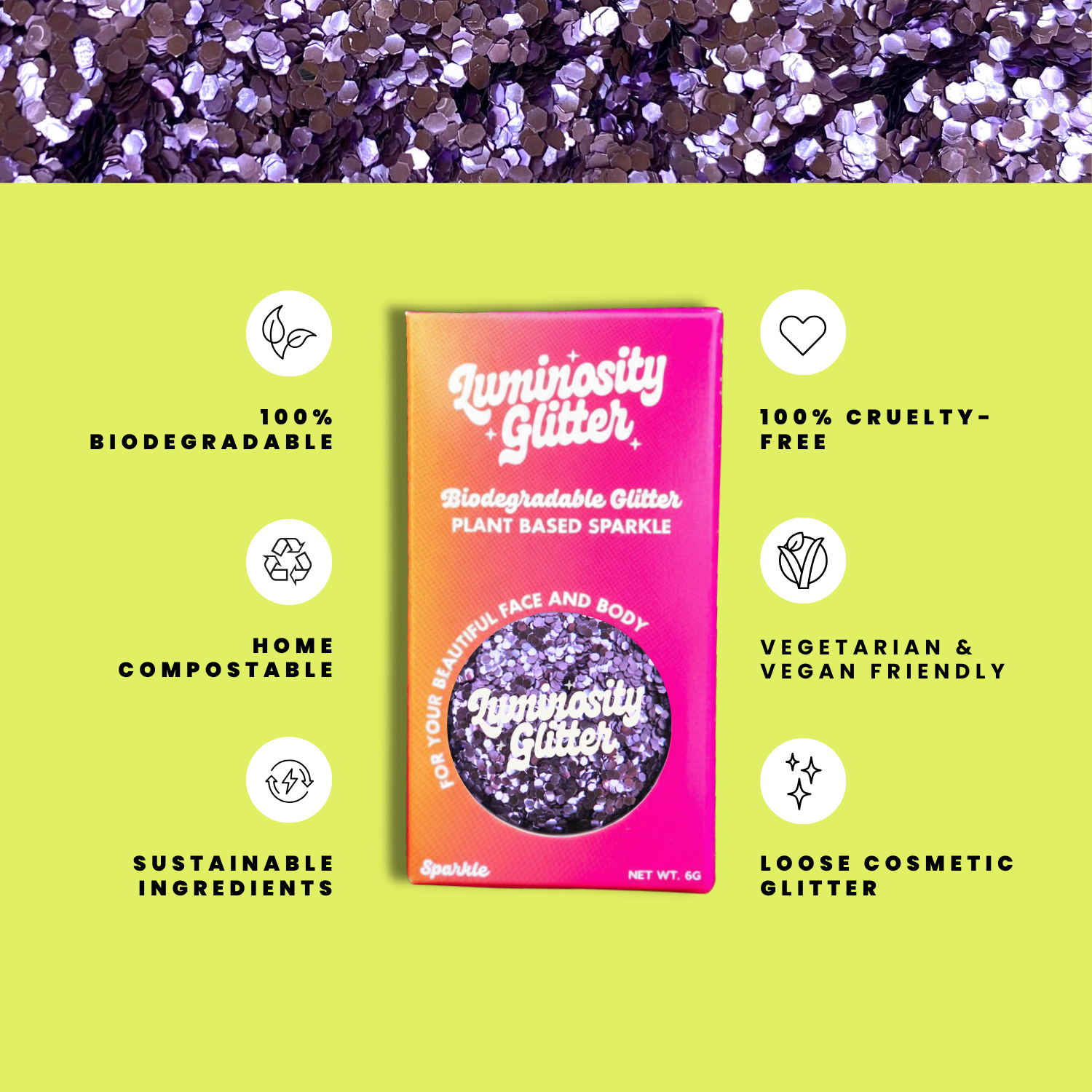 Luminiosity Glitter packaging with sustainability features on a green background