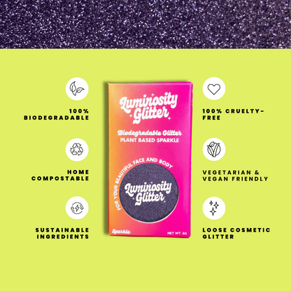 Luminosity Glitter packaging with sustainability features on a green background