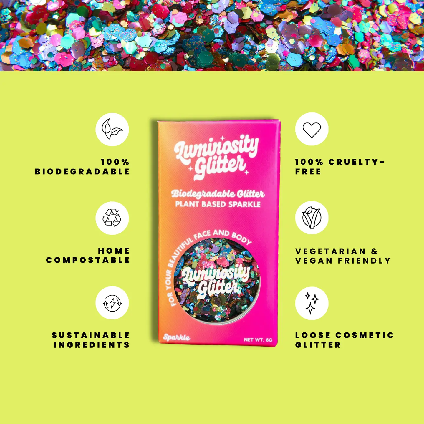 Luminiosity Glitter packaging with sustainability features on a green background