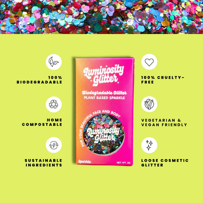 Luminiosity Glitter packaging with sustainability features on a green background