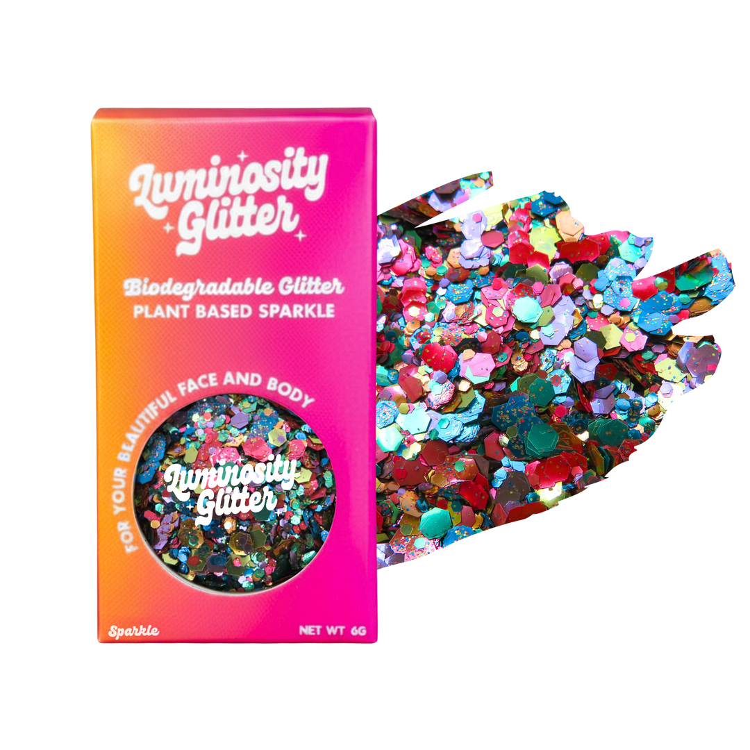 Luminosity Glitter packaging with colorful glitter on a white background