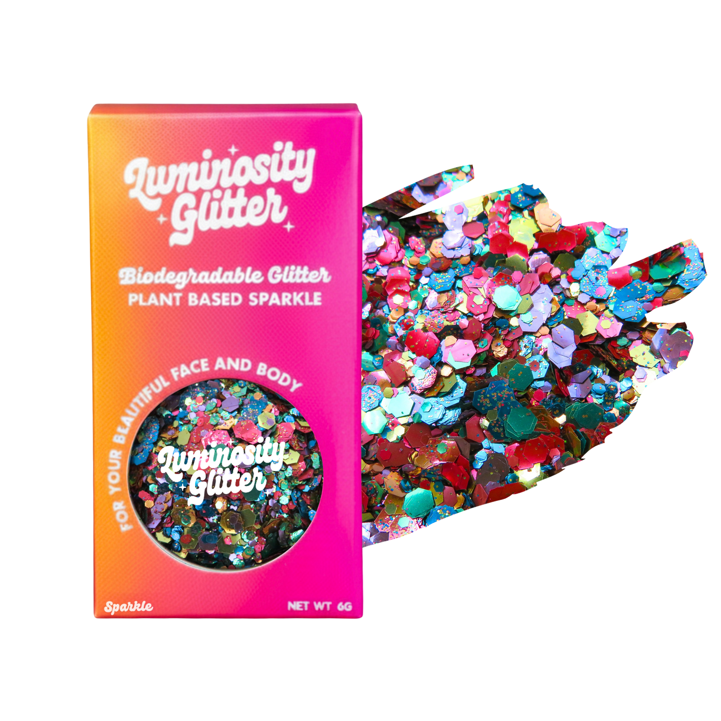 Luminosity Glitter packaging with colorful glitter on a white background