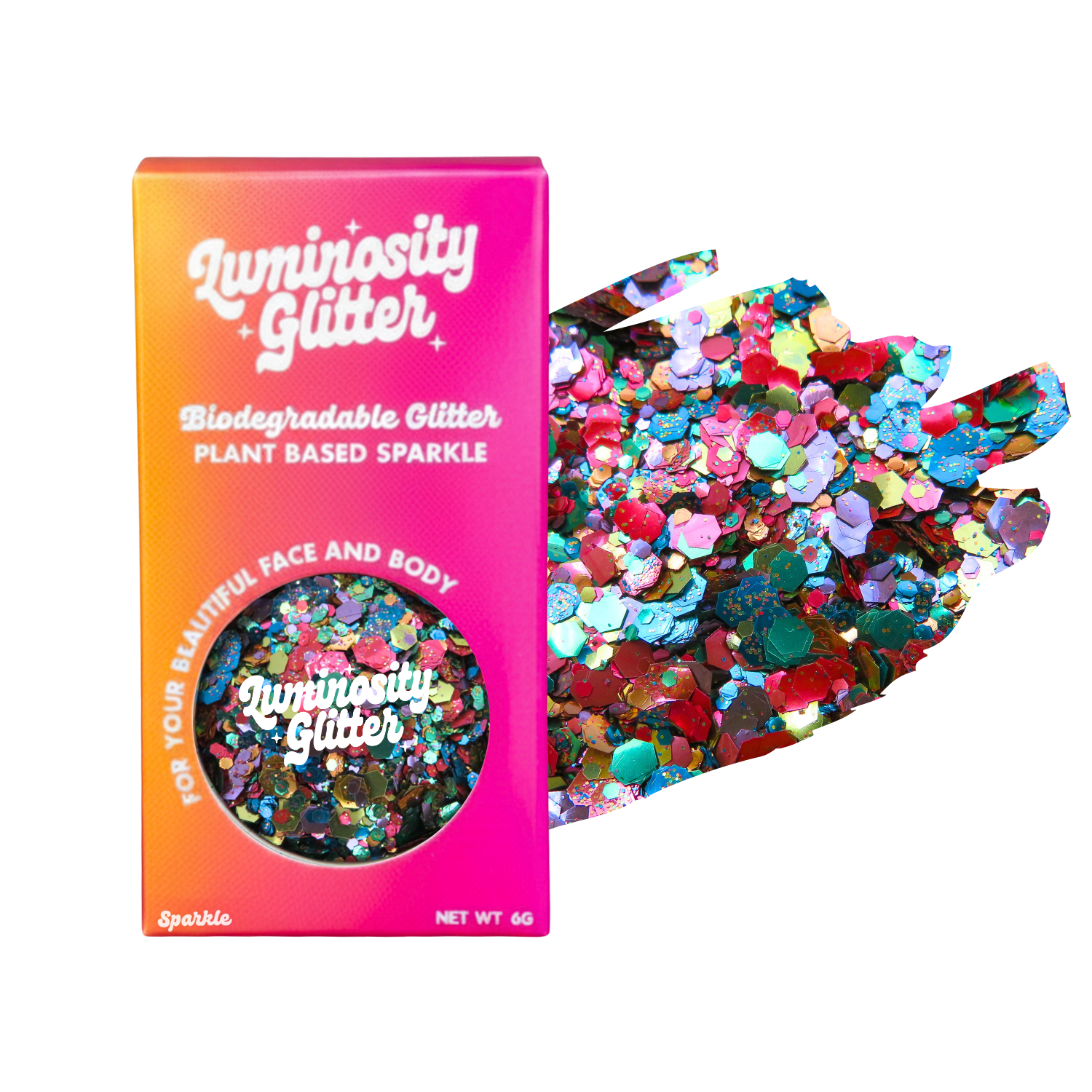 Luminosity Glitter packaging with colorful glitter on a white background