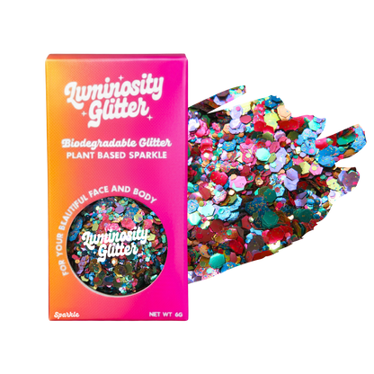 Luminosity Glitter packaging with colorful glitter on a white background