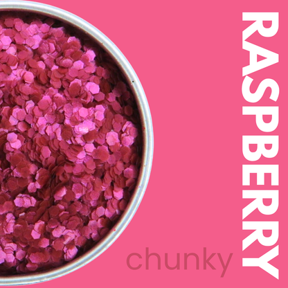 Container of raspberry-colored chunky glitter on a pink background with 'Raspberry' and 'chunky' text.