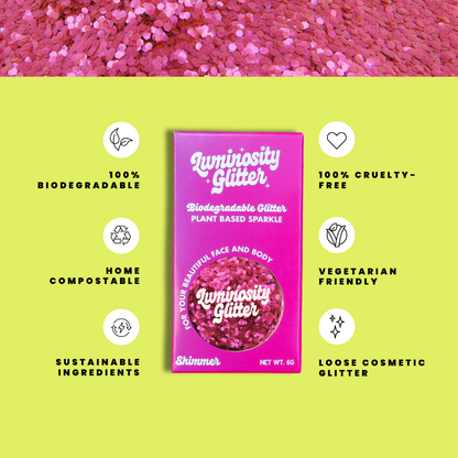 Luminosity Glitter packaging with sustainability features on a green background