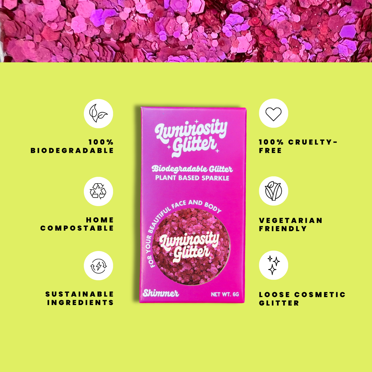 Luminosity Glitter packaging with sustainability features on a green background