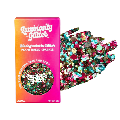 Luminosity Glitter packaging with biodegradable and plant-based glitter on a white background