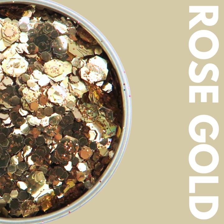Rose Gold Glitter Blend in a Luminosity Glitter pot and packaging box