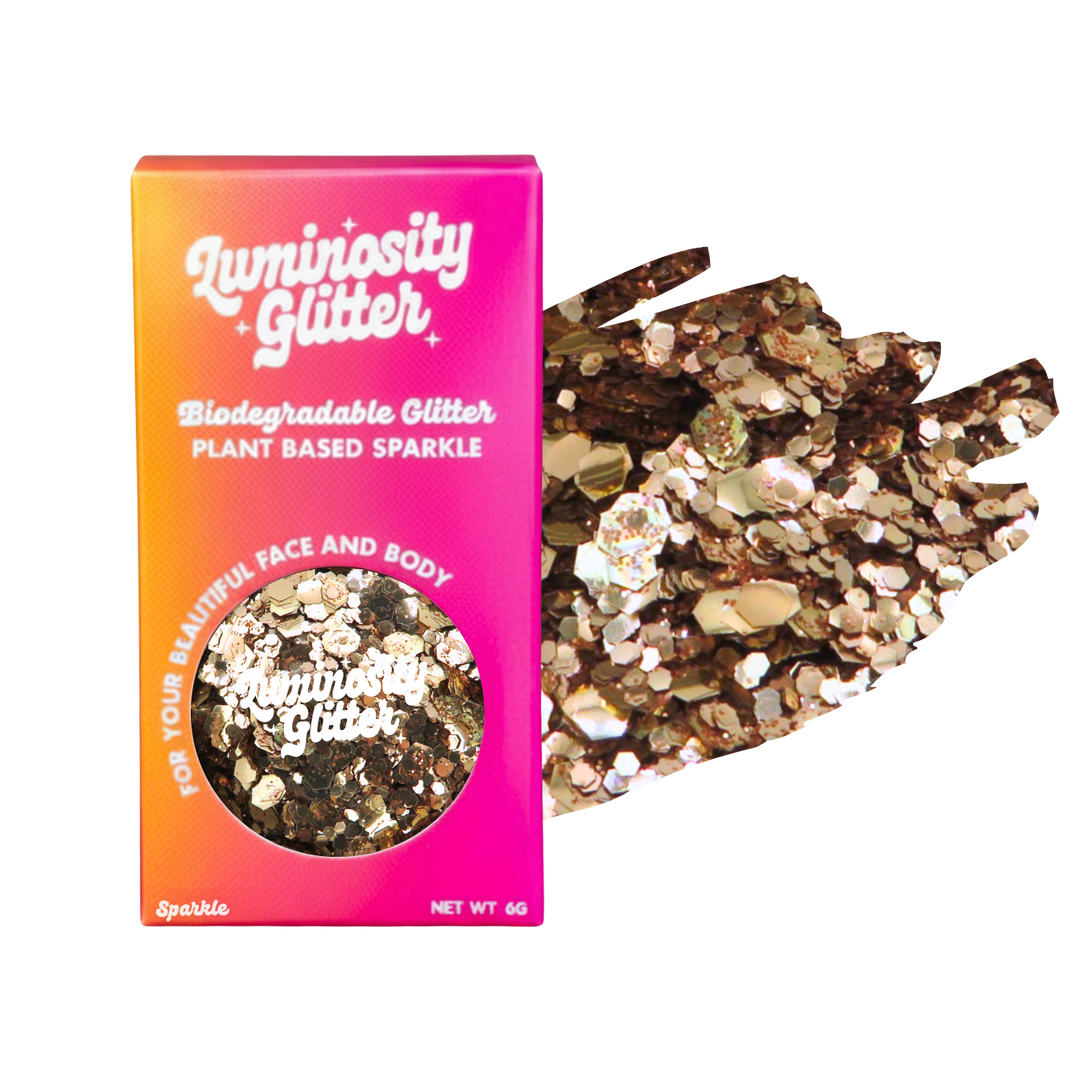 Luminosity Glitter packaging with biodegradable and plant-based glitter on a white background