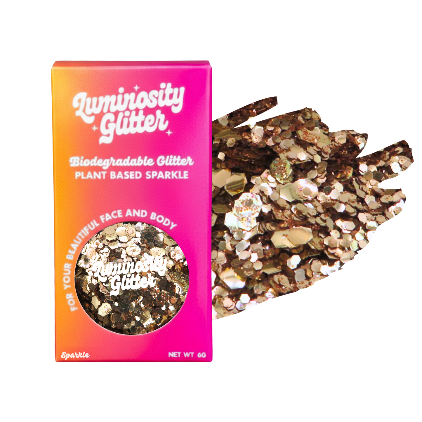 Luminosity Glitter packaging with biodegradable and plant-based glitter on a white background