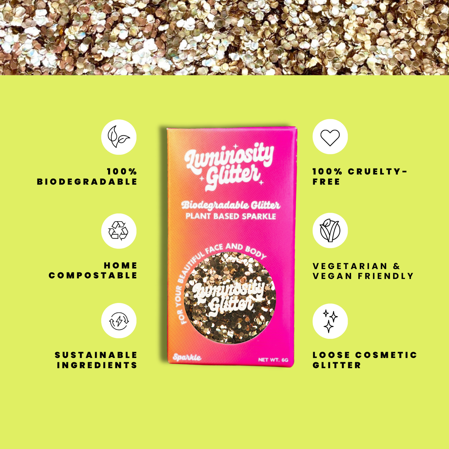 Luminiosity Glitter packaging with sustainability features on a green background