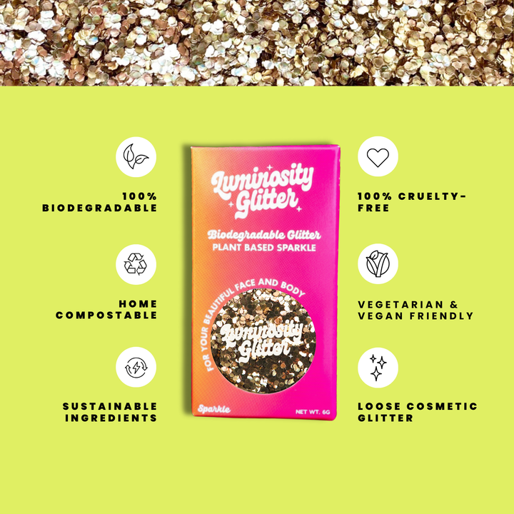 Luminiosity Glitter packaging with sustainability features on a green background