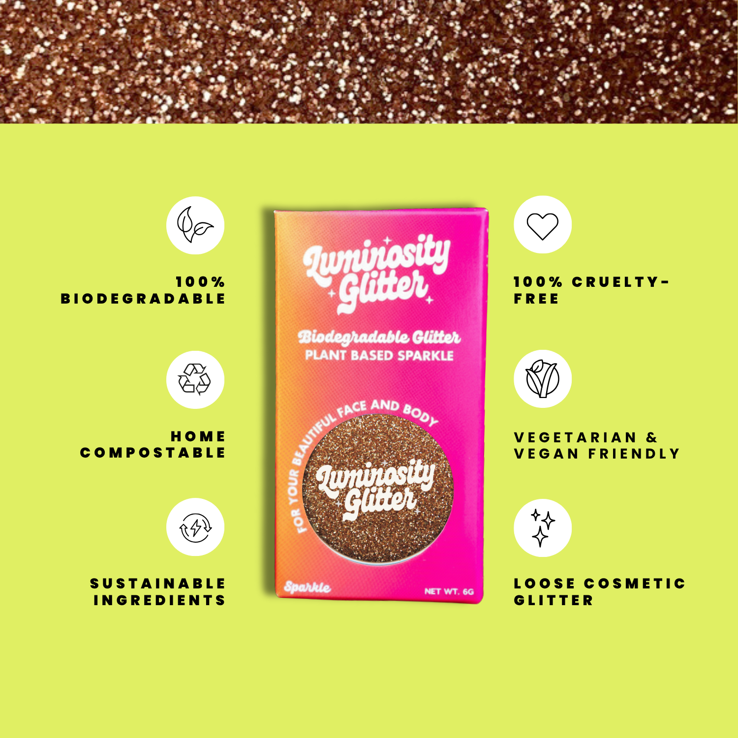 Luminosity Glitter packaging with sustainability features on a green background