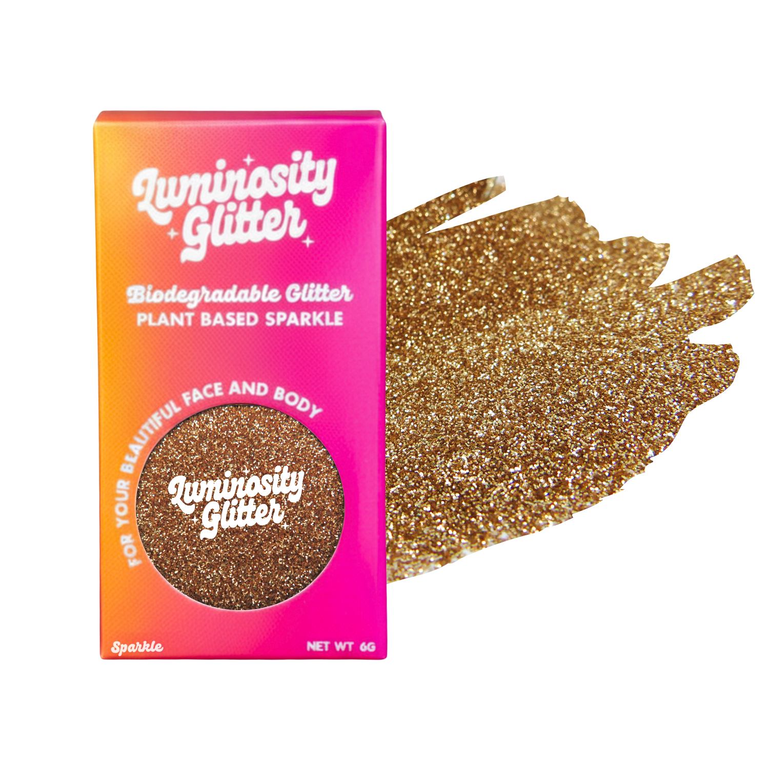 Luminosity Glitter packaging with gold glitter swatch on a white background
