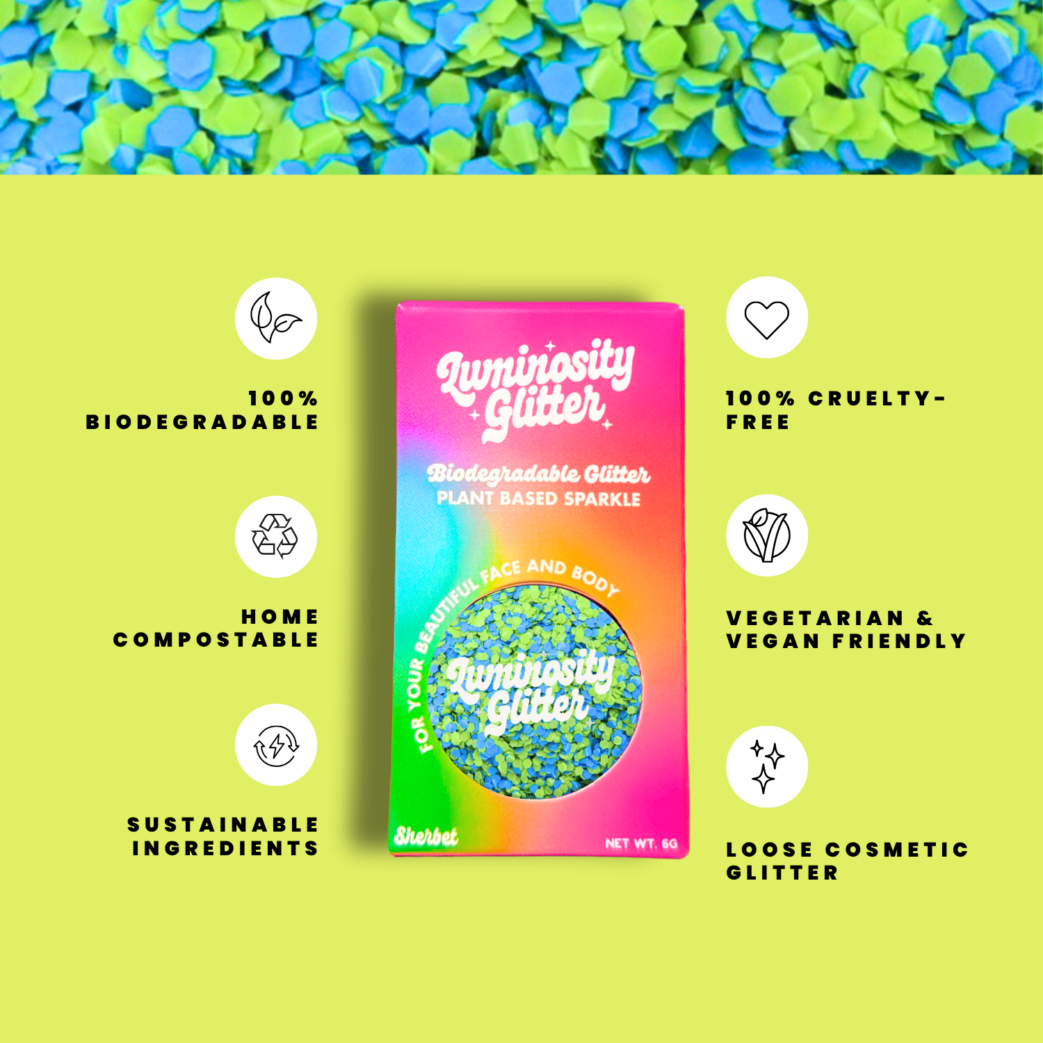 Luminosity Glitter packaging with sustainability features on a green background