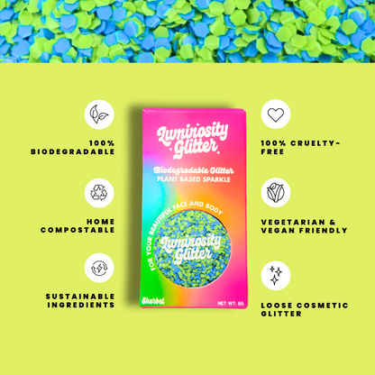 Luminosity Glitter packaging with sustainability features on a green background