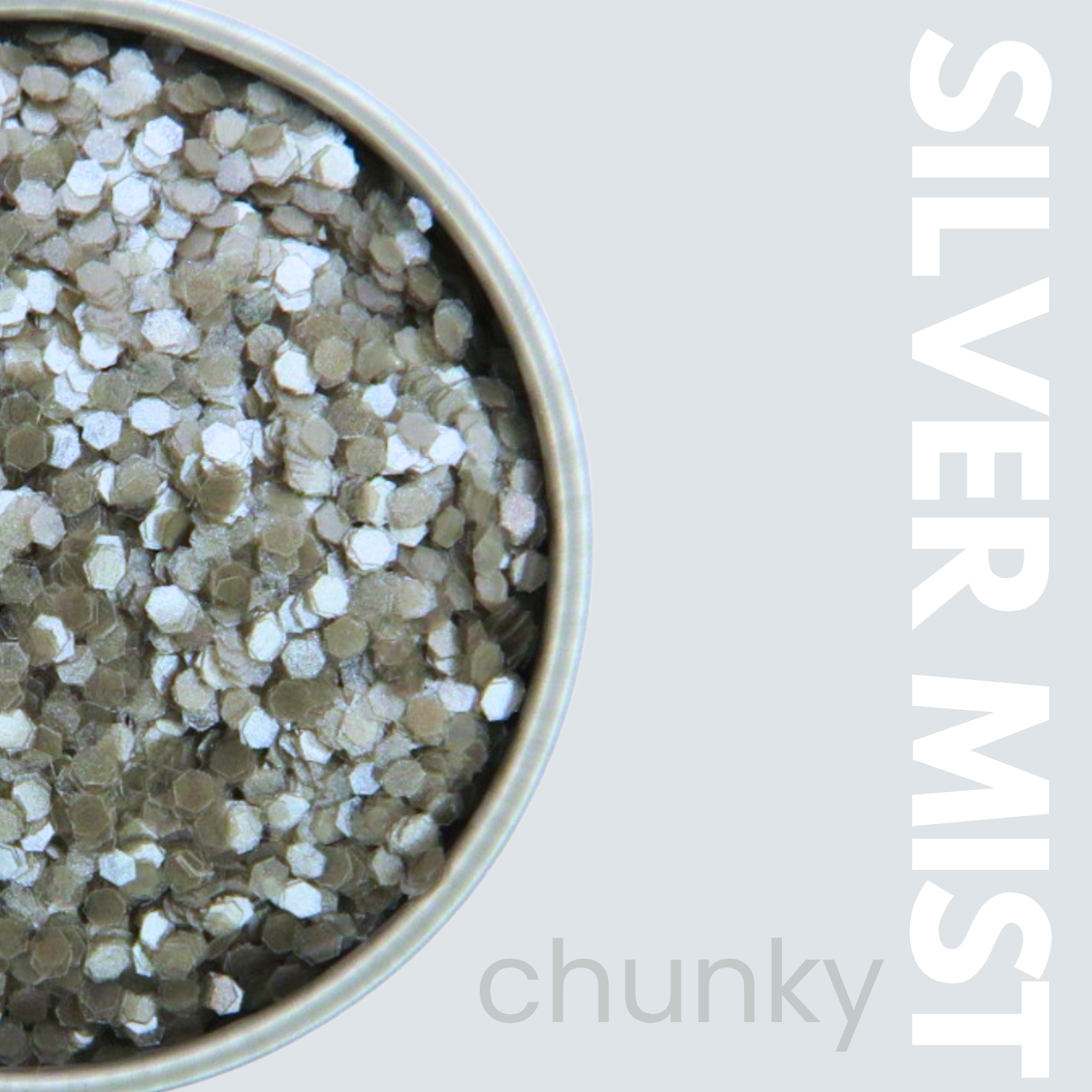 Silver mist chunky nail art powder in a container with 'SILVER MIST' text.