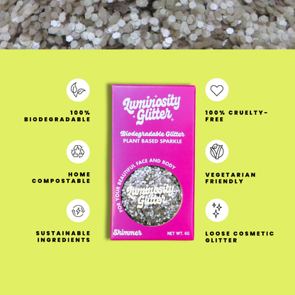 Luminosity Glitter packaging with sustainability features on a green background