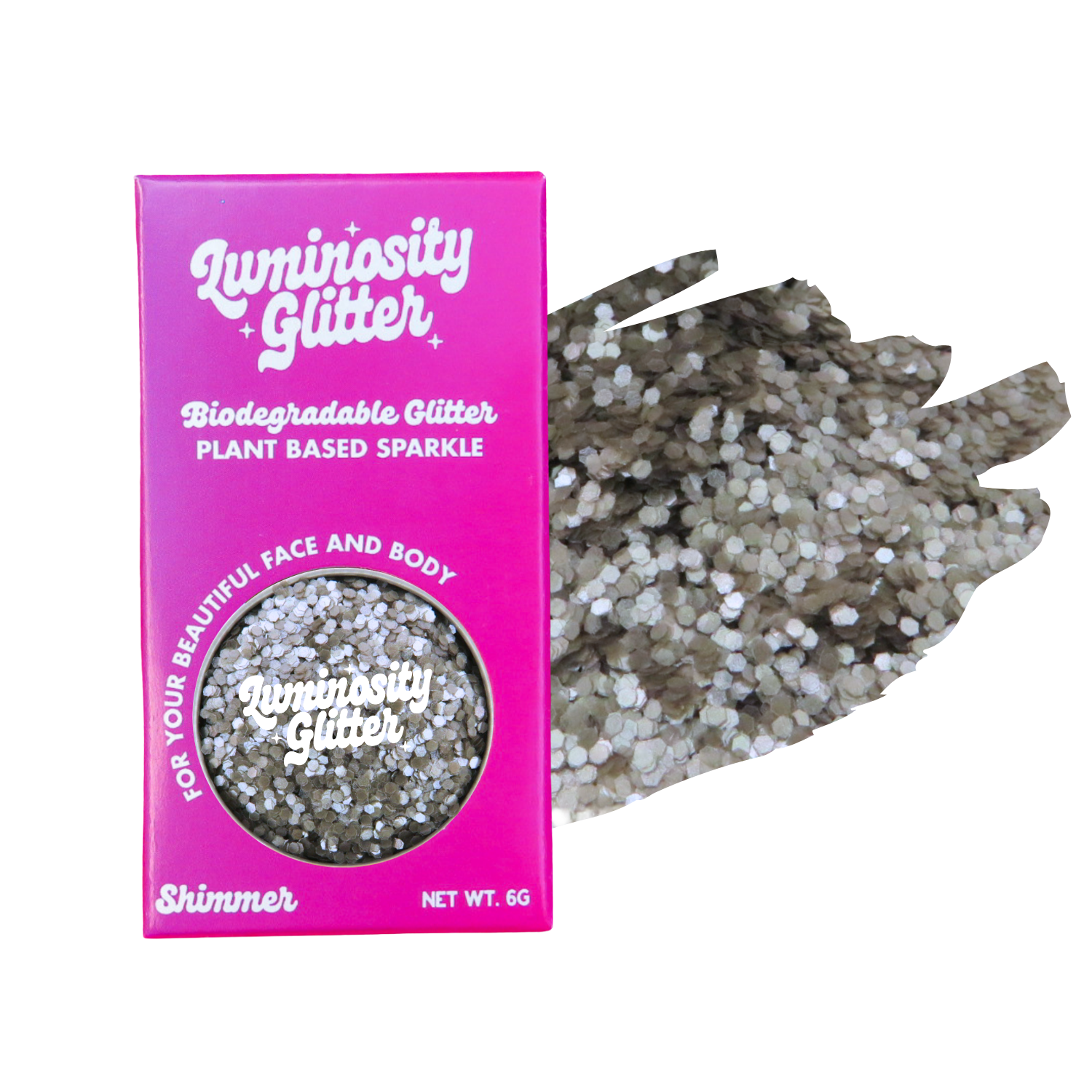 Luminosity Glitter packaging with a sample of glitter on a white background