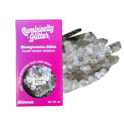 Luminosity Glitter packaging with biodegradable glitter on a white background