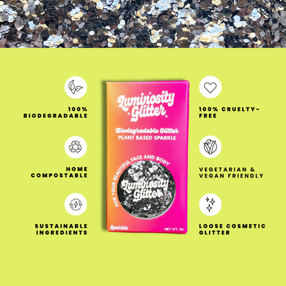 Luminosity Glitter packaging with sustainability features on a green background