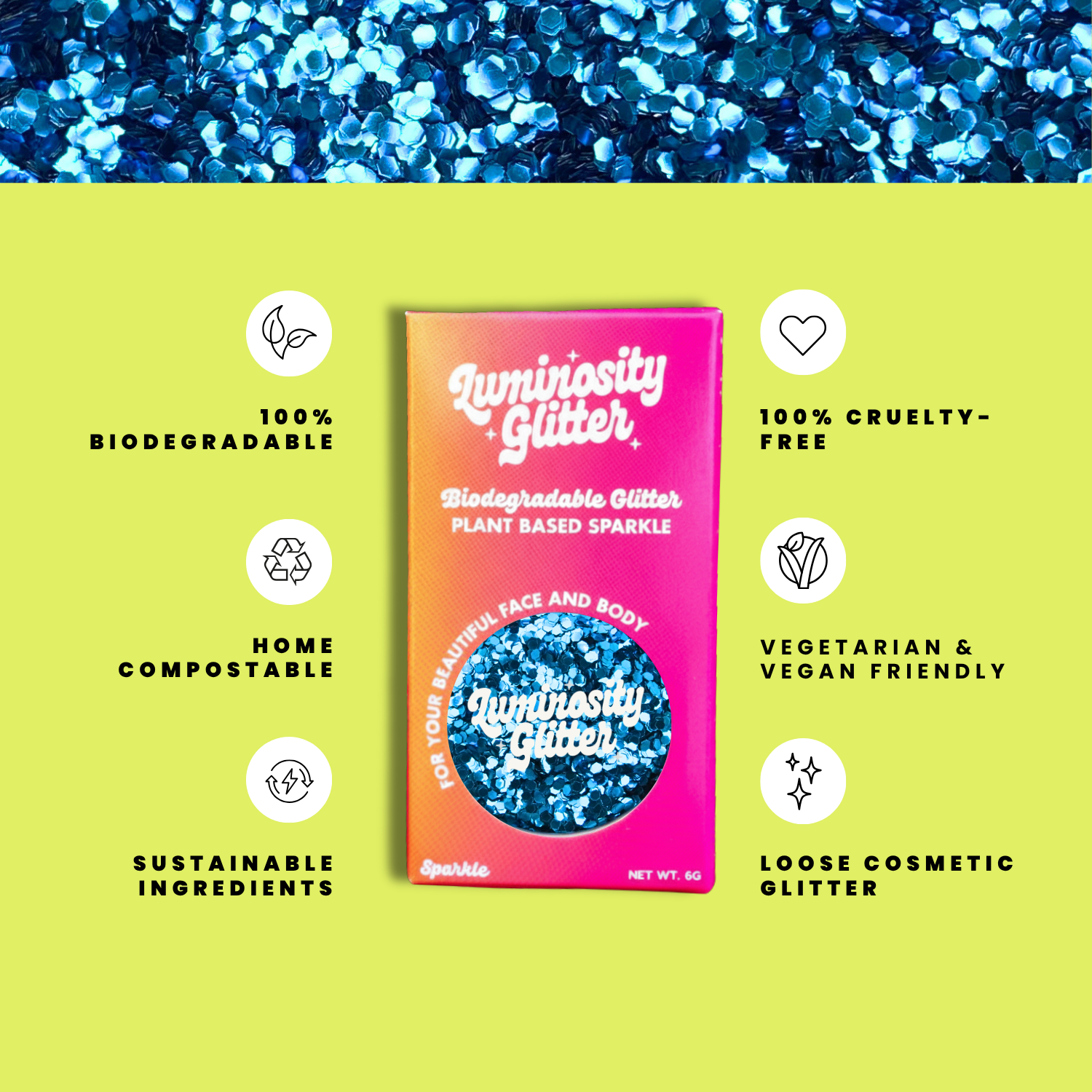 Luminosity Glitter packaging with sustainability features on a green background