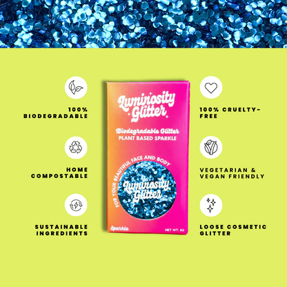 Luminosity Glitter packaging with sustainability features on a green background