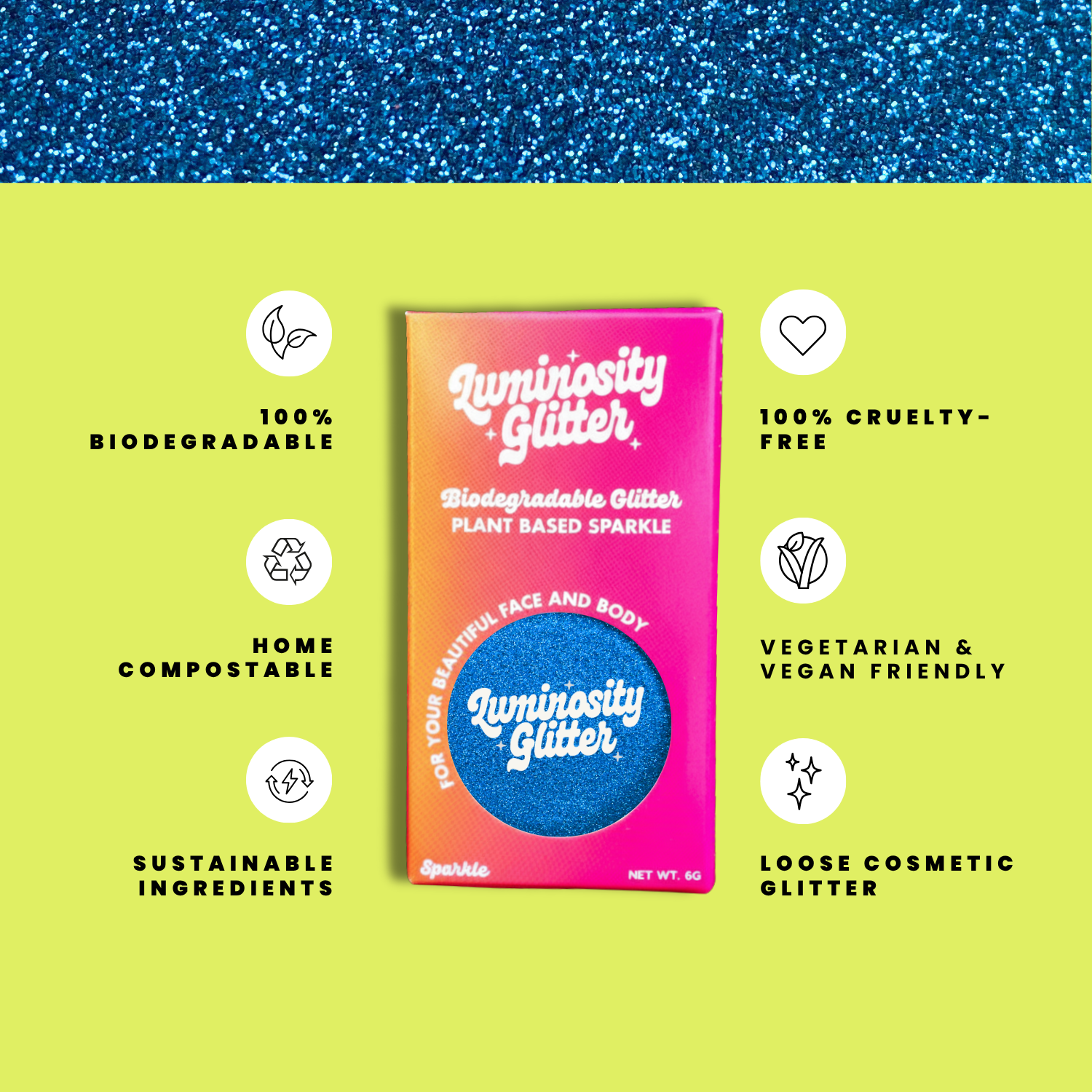 Luminosity Glitter packaging with sustainability features on a green background