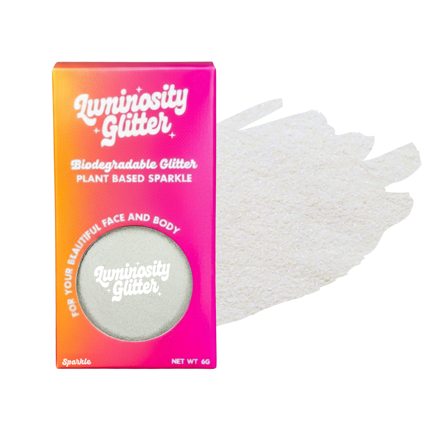 Luminosity Glitter packaging with a sample of glitter on a white background