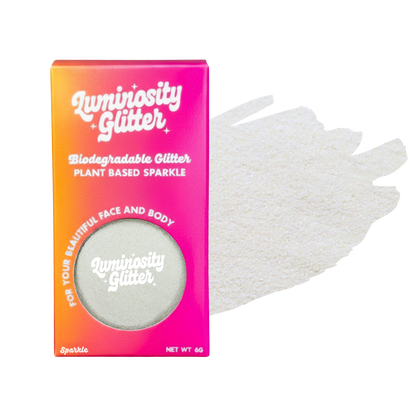 Luminosity Glitter packaging with a sample of glitter on a white background