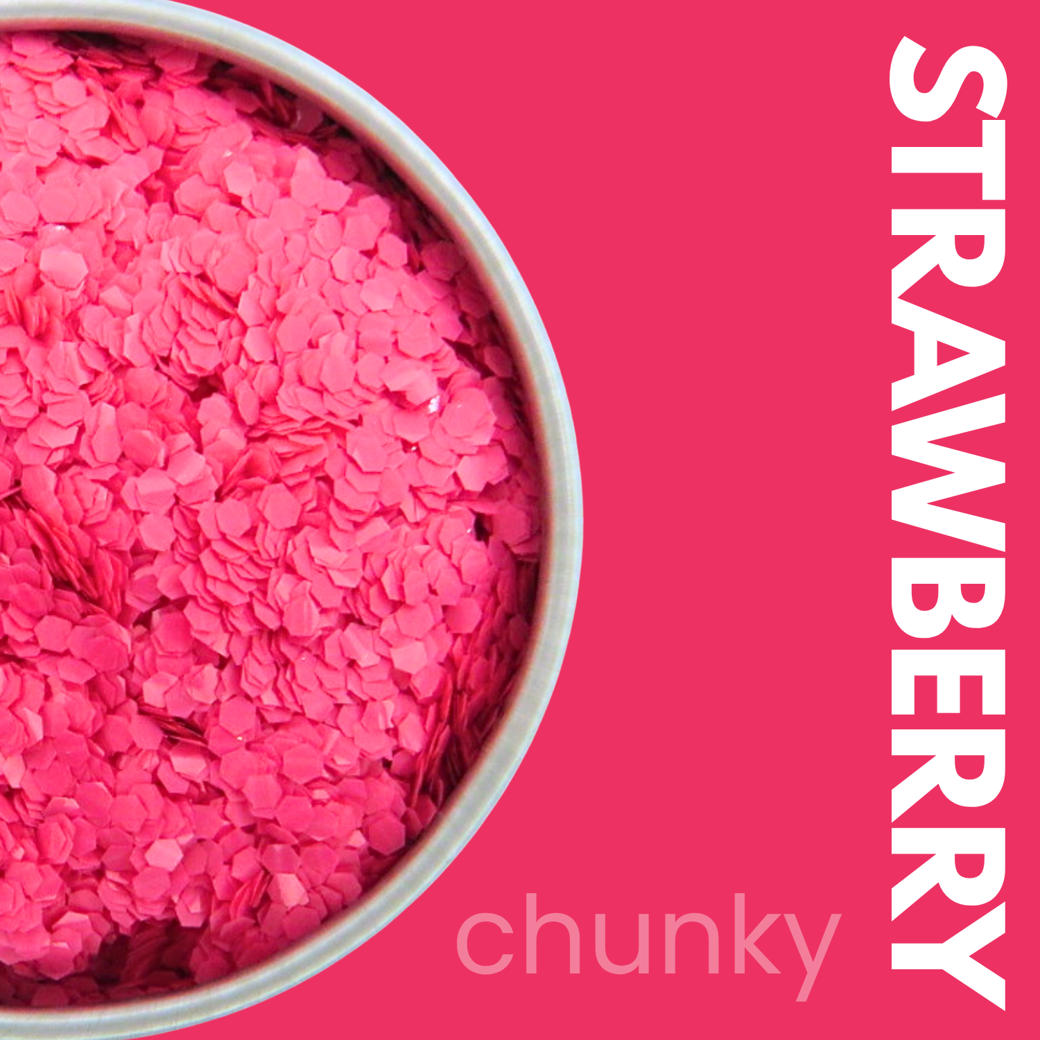 Pink chunky glitter in a pot on a pink background with 'STRAWBERRY' text.