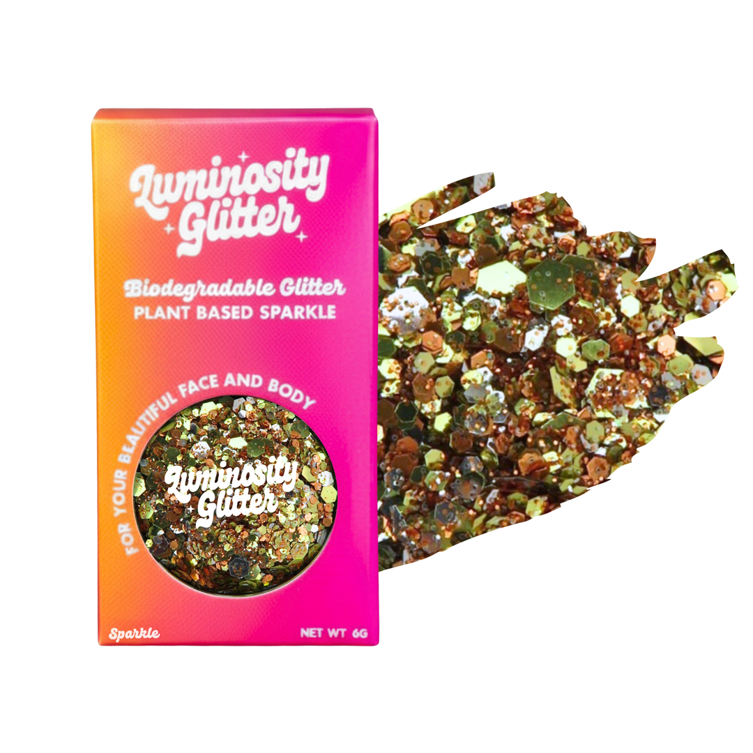 Sunset Shimmer Festival Glitter Mix in a Luminosity Glitter pot and packaging box