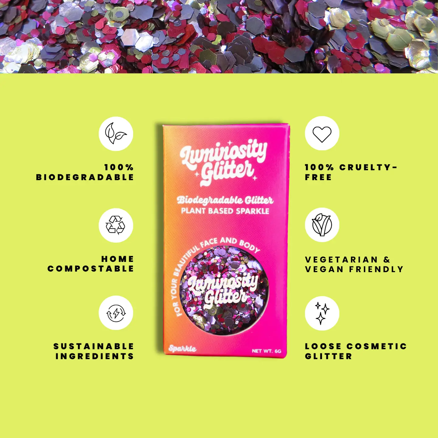 Luminosity Glitter packaging with sustainability features on a green background