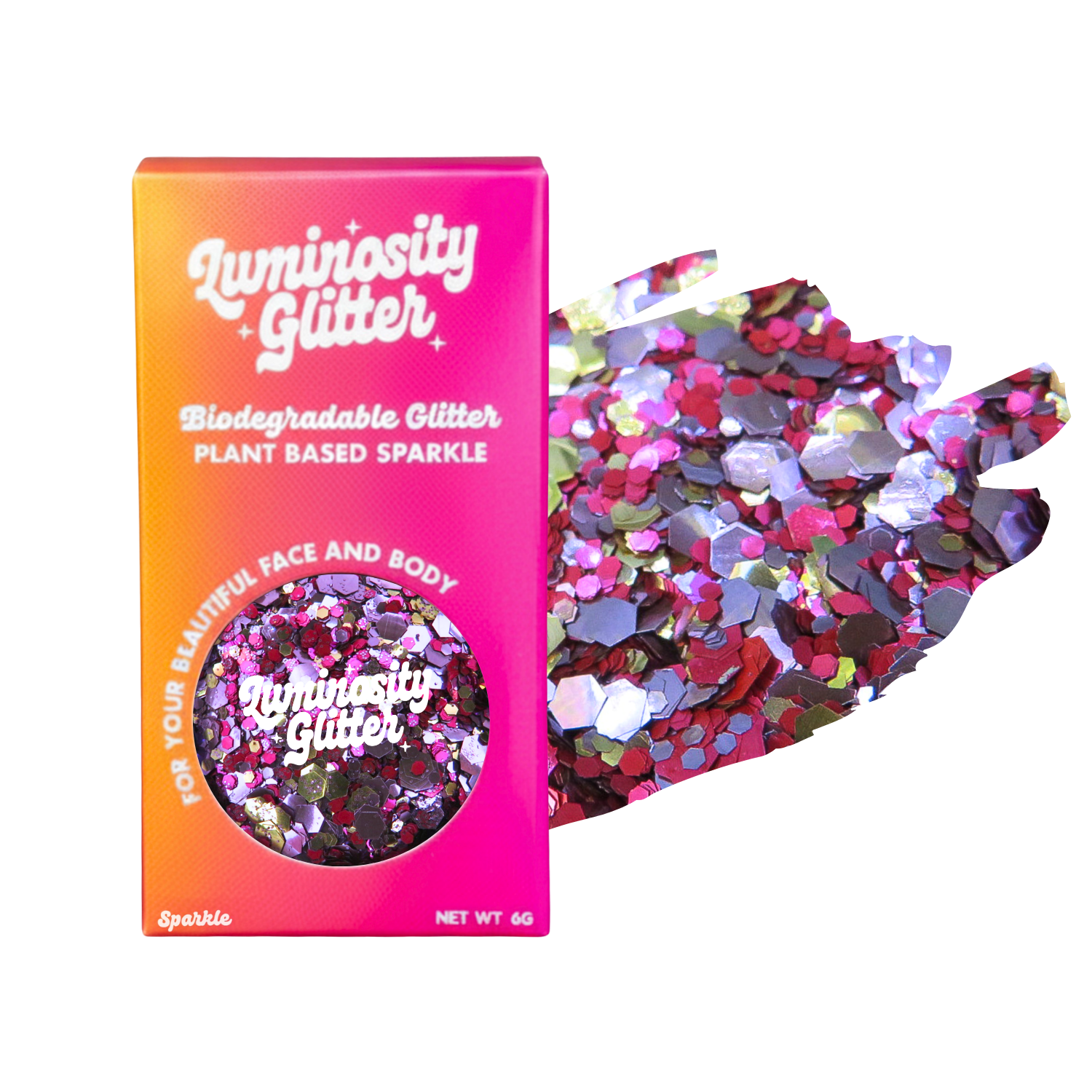 Luminosity Glitter packaging with biodegradable and plant-based sparkle, next to a handful of glitter on a white background.