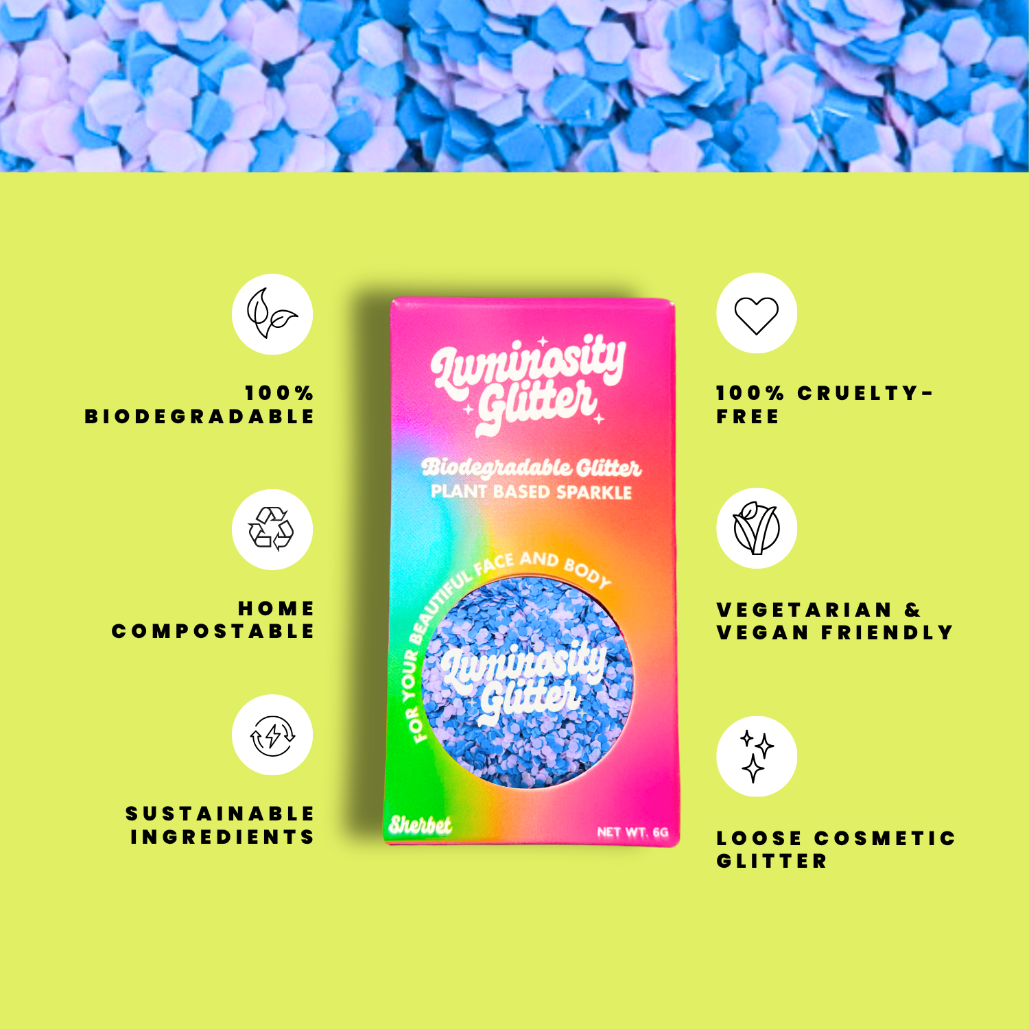 Luminosity Glitter packaging with sustainability features on a green background