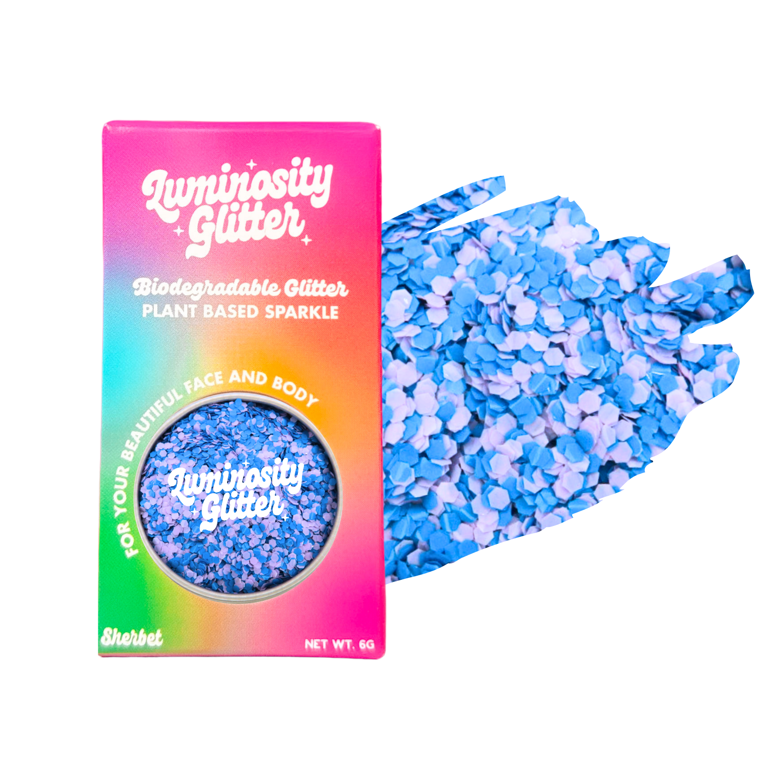 Luminosity Glitter packaging with blue glitter on a white background