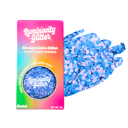 Luminosity Glitter packaging with blue glitter on a white background