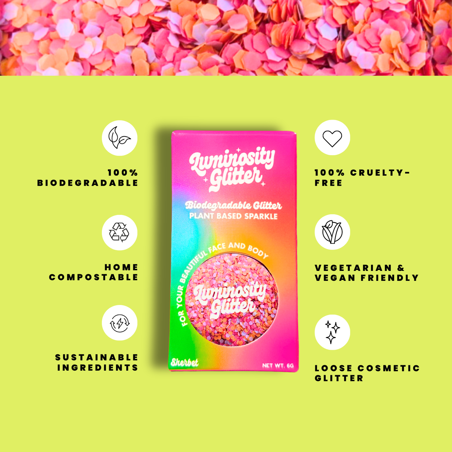Luminosity Glitter packaging with sustainability features on a green background