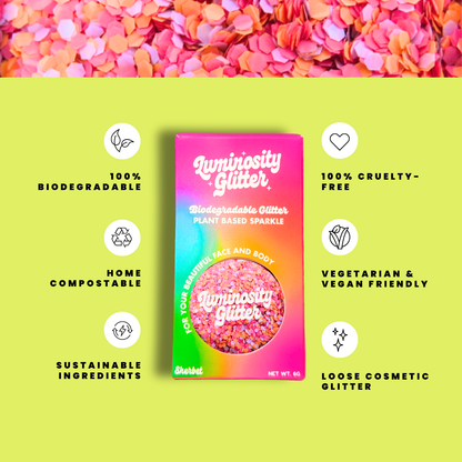 Luminosity Glitter packaging with sustainability features on a green background