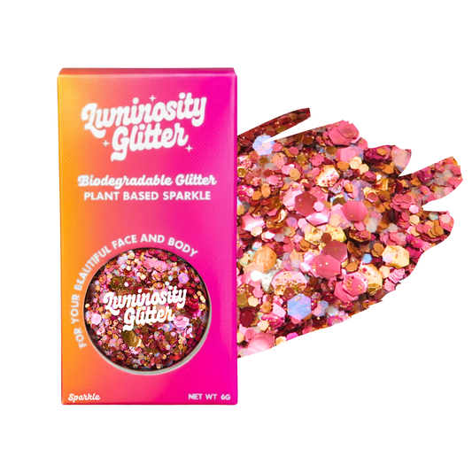 Luminosity Glitter packaging with biodegradable and plant-based glitter on a white background