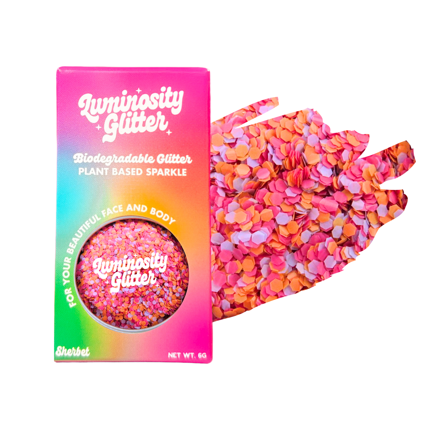 Luminosity Glitter packaging with a colorful glitter sample on a white background