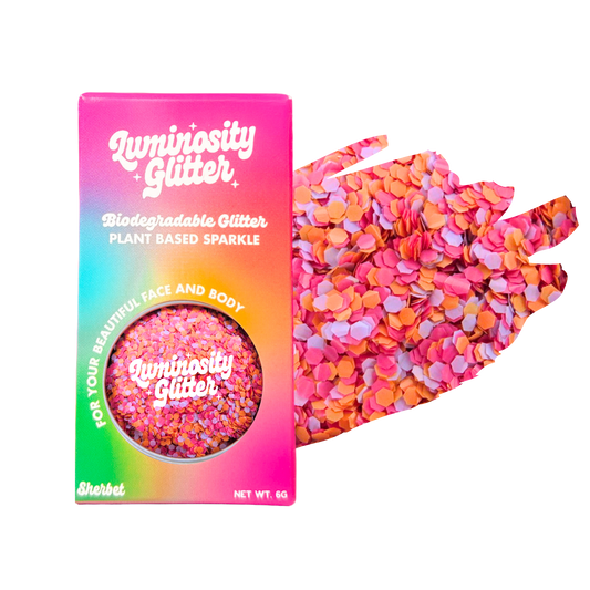 Luminosity Glitter packaging with a colorful glitter sample on a white background