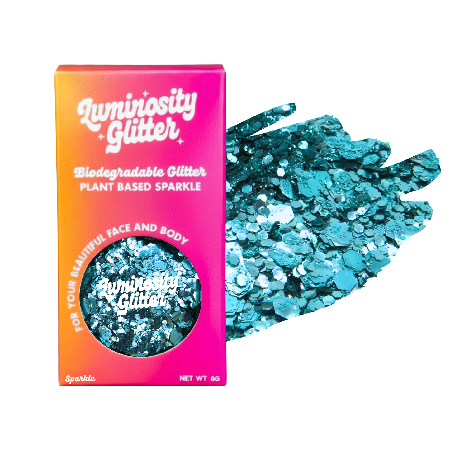 Luminosity Glitter packaging with blue glitter on a white background