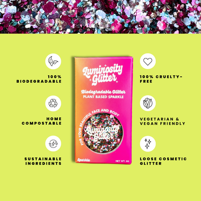 Unicorn blend of biodegradable glitter infographic, text with the features of the eco glitter