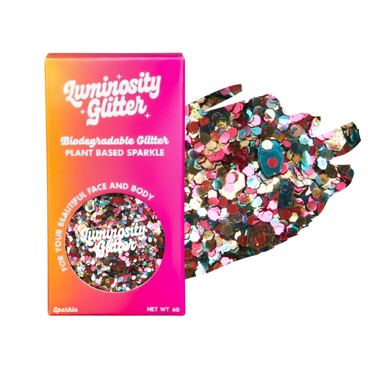 Luminosity Glitter packaging with biodegradable and plant-based glitter on a white background