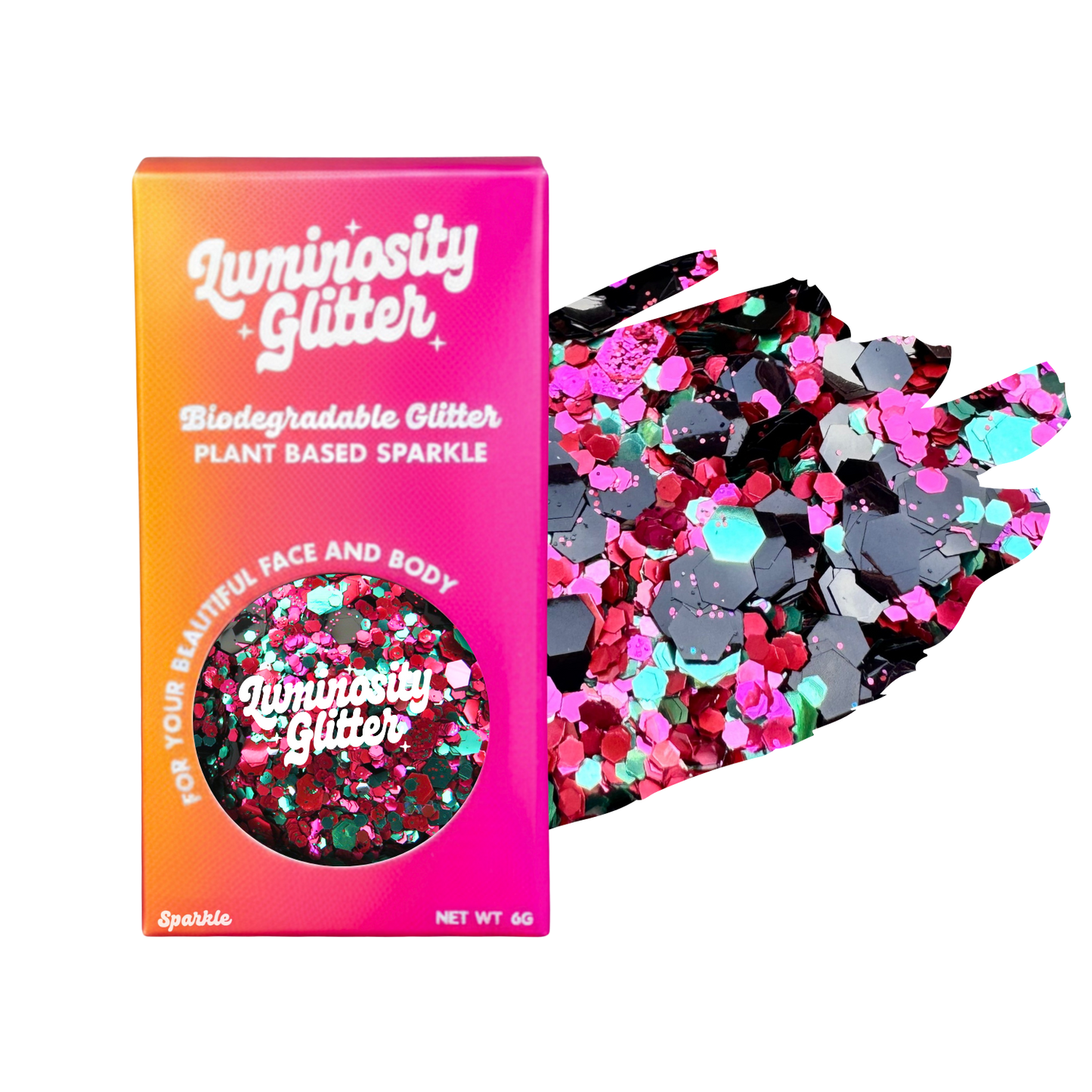 Luminosity Glitter packaging with biodegradable and plant-based glitter on a white background